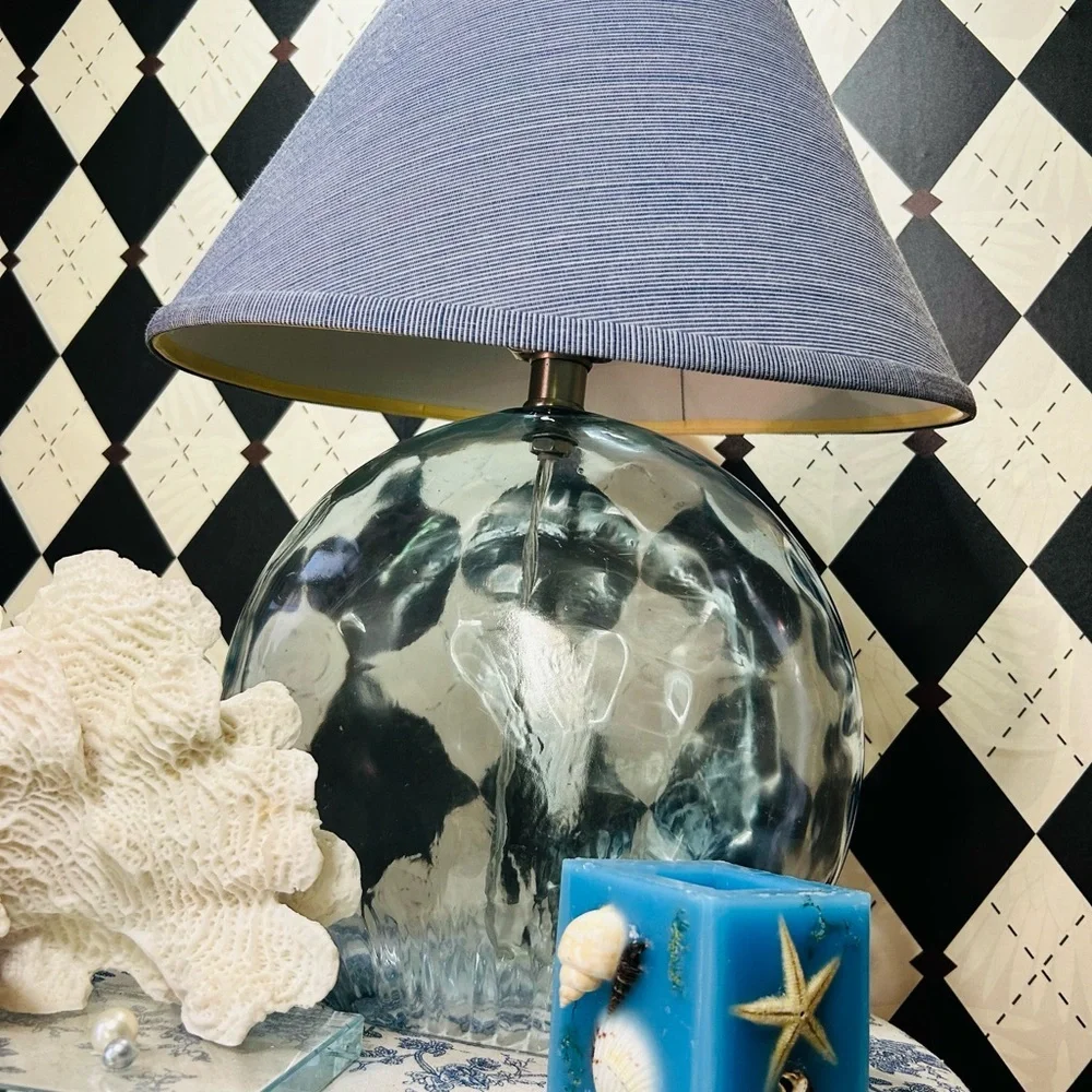 Translucent Light Blue Spherical Table Lamp with Deep Blue Shade– Coastal Luxury
